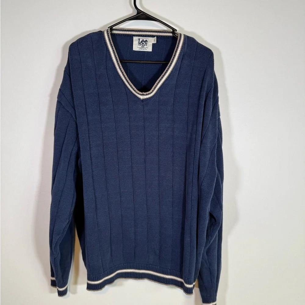 Vintage 90s Lee Sport Men’s XL Blue Ribbed V-Neck Sweater Striped Trim Preppy